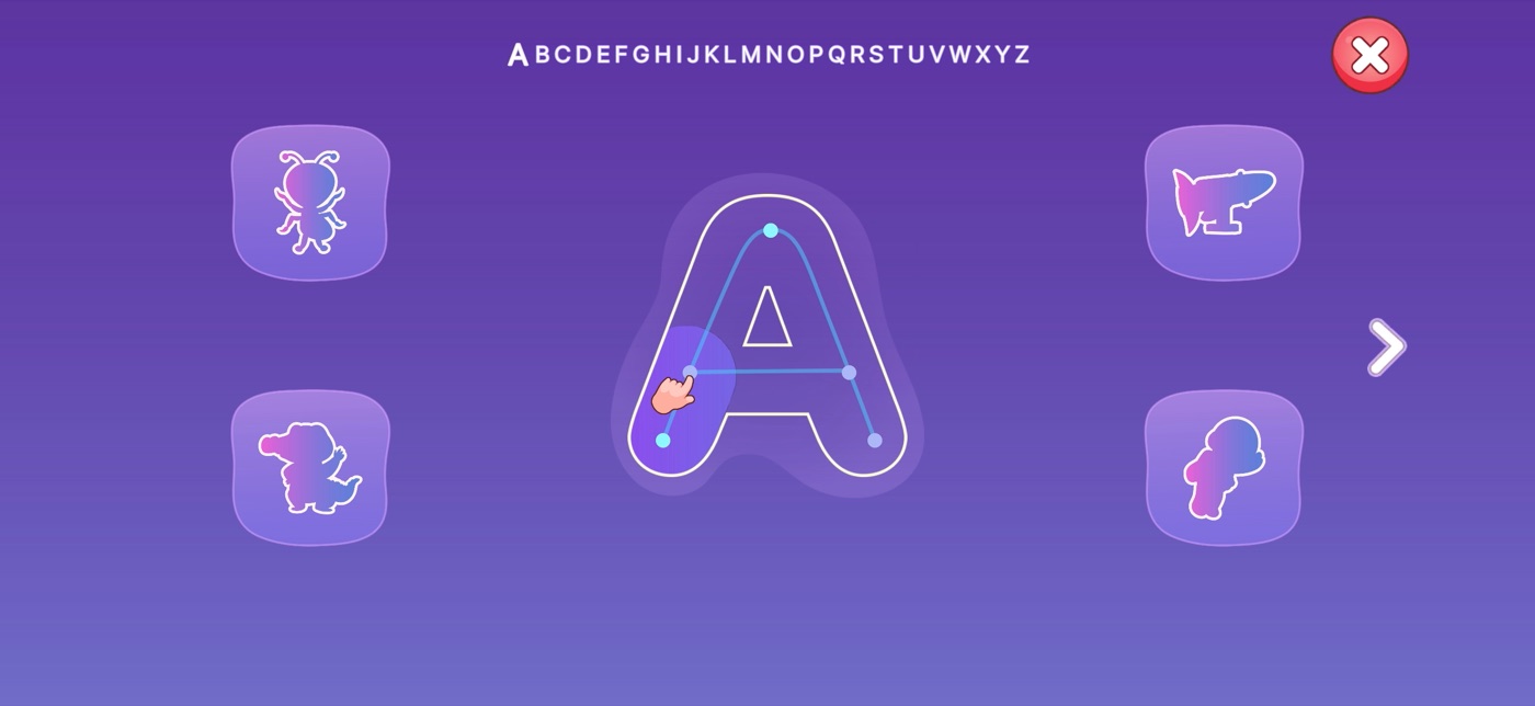 Nativik mini-game where a child traces the letter A and practices early English sounds