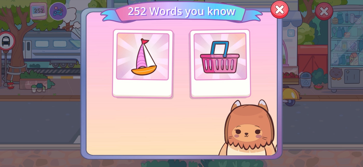 Nativik word review screen showing 252 words learned with picture cards